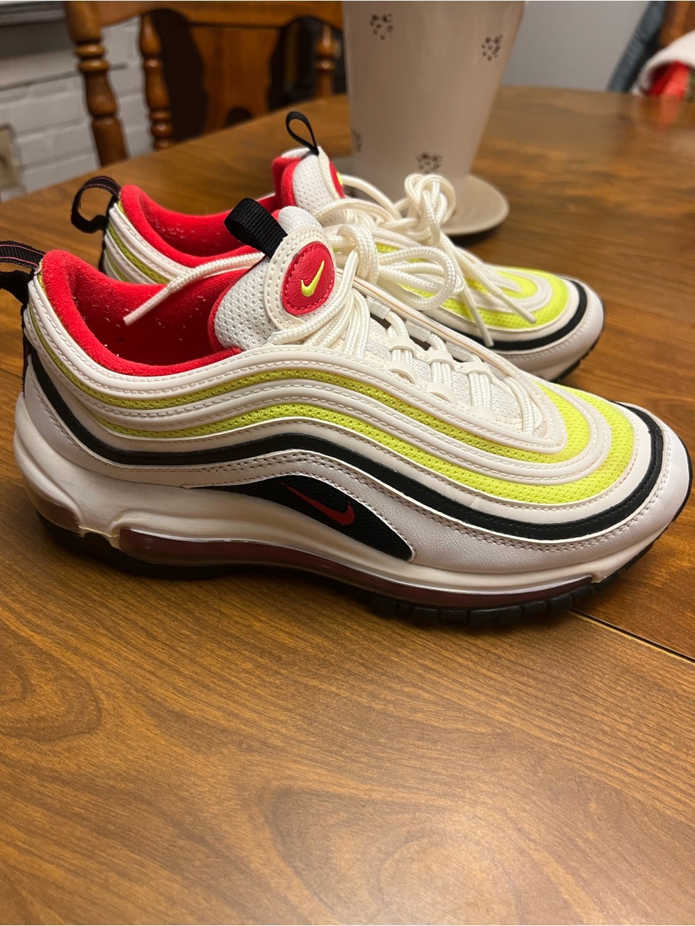 Nike Kids size 6y women’s 7.5 Air Max 97 Volt sneakers Neon Yellow Red Accents
